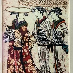 Triple Geisha-Paula May Green-Batik artist- Signed , framed in metal frame